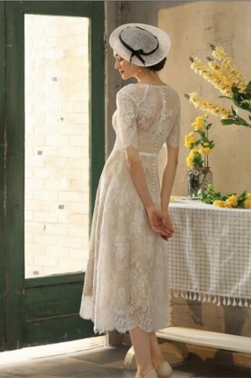 Bmbridal Half Sleeves Wedding Dress Tea-Length Lace Appliques_3
