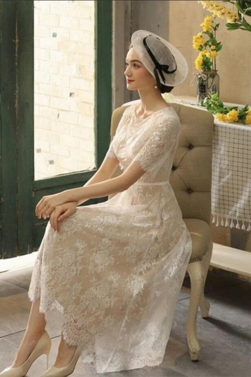 Bmbridal Half Sleeves Wedding Dress Tea-Length Lace Appliques_4