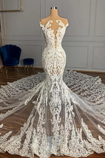 Bmbridal Cap Sleeves Lace Wedding Dress Mermaid Long On Sale_2