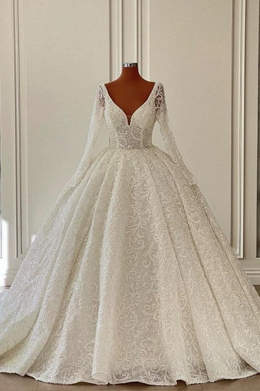 Bmbridal Long Sleeves V-Neck Wedding Dress Ball Gown With Lace_2