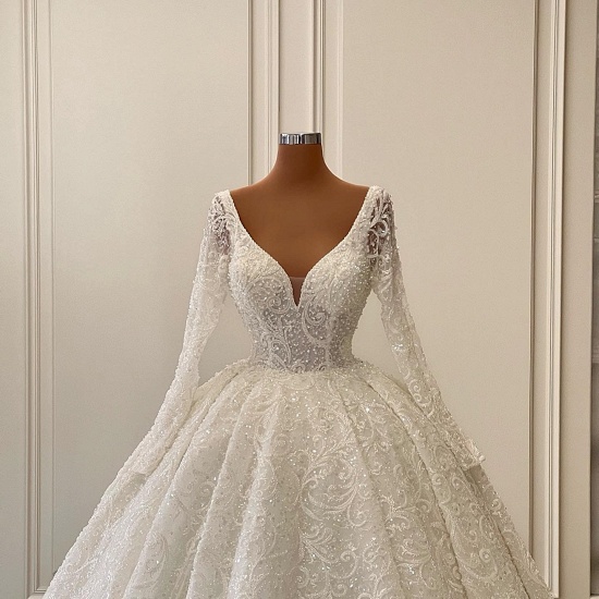 Bmbridal Long Sleeves V-Neck Wedding Dress Ball Gown With Lace_5