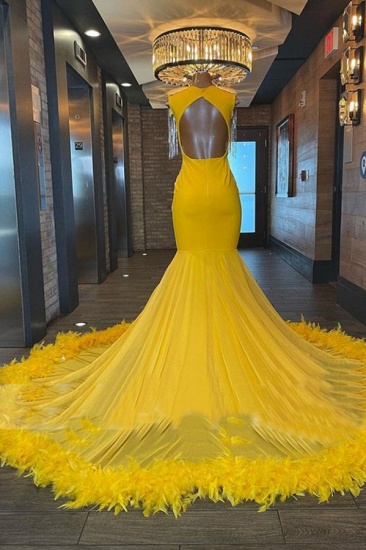 Bmbridal Yellow Prom Dress Mermaid Tassels With Feather_3