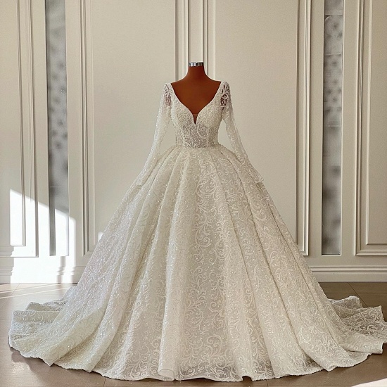 Bmbridal Long Sleeves V-Neck Wedding Dress Ball Gown With Lace_4