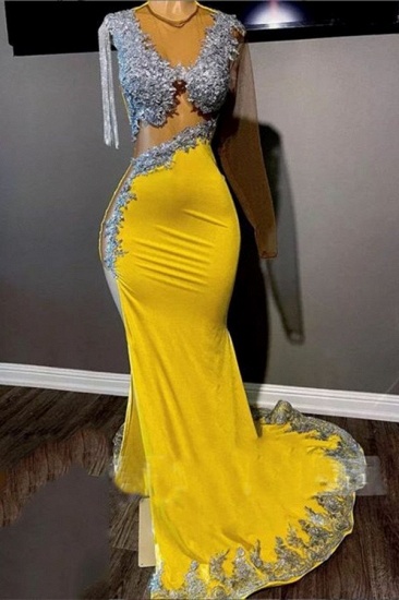 Bmbridal Yellow One Shoulder Long Sleeves Prom Dress Mermaid With Appliques_1