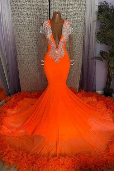 Bmbridal Orange Tiefer V-Ausschnitt Abendkleid mit langen Ärmeln Meerjungfrau mit Feder_1