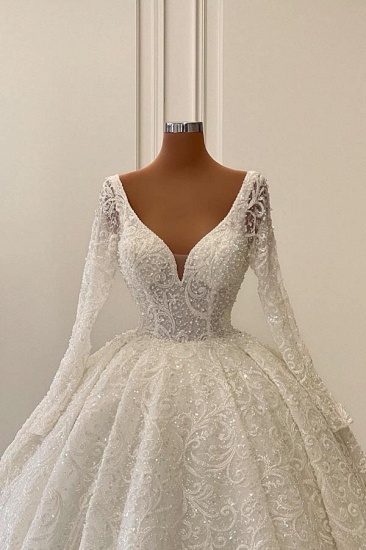 Bmbridal Long Sleeves V-Neck Wedding Dress Ball Gown With Lace_3