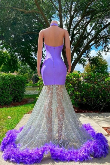 Bmbridal Lavender High Neck Prom Dress Mermaid Applikationen mit Feder_4