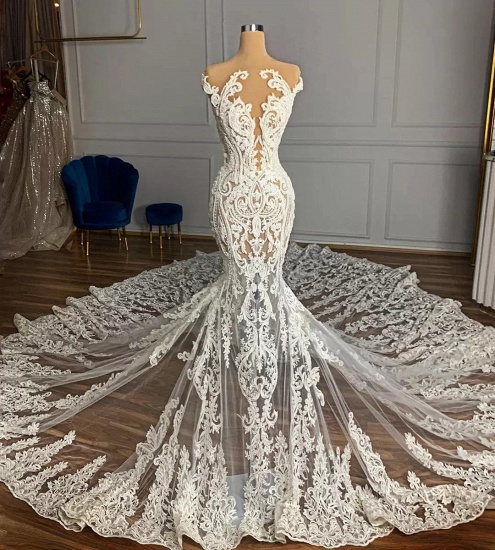 Bmbridal Cap Sleeves Lace Wedding Dress Mermaid Long On Sale_1
