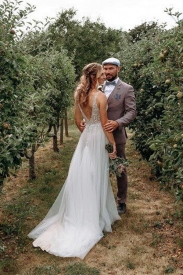 Bmbridal V-Neck Sleeveless Wedding Dress Tulle Slit With Lace Appliques_3