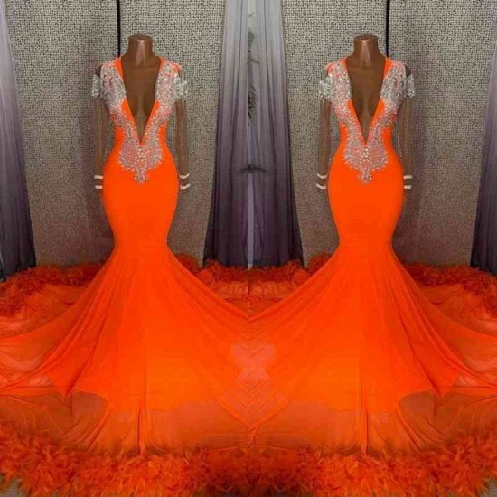 Bmbridal Orange Tiefer V-Ausschnitt Abendkleid mit langen Ärmeln Meerjungfrau mit Feder_3