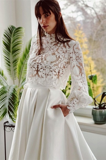 Bmbridal Long Sleeves Bridal Dress Lace Satin Skirt With Pockets_4