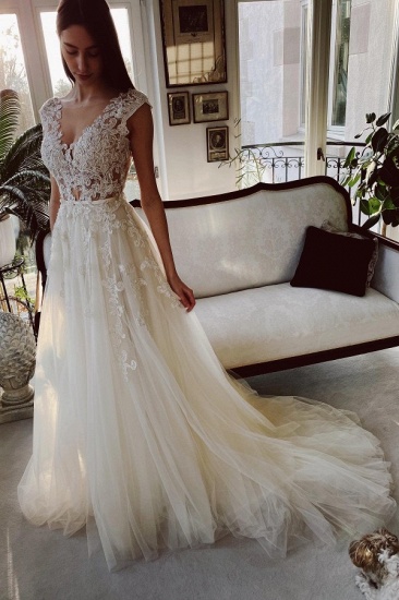 Bmbridal Cap Sleeves Tulle Wedding Dress Open Back With Appliques Long