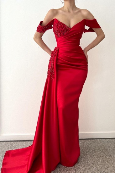 Bmbridal Red Off-the-Shoulder Prom Dress Mermaid With Ruffles