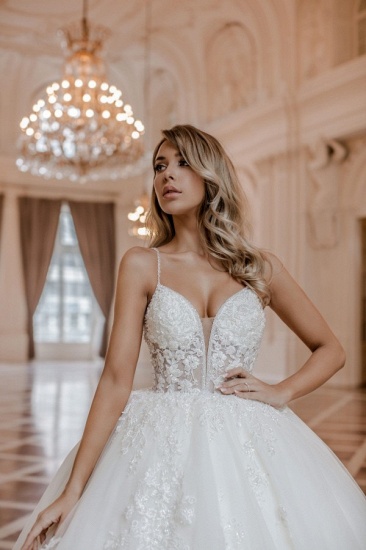 Bmbridal Spaghetti-Straps Sleeveless Wedding Dress Lace Princess V-Neck_4