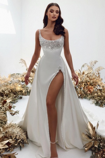 Bmbridal Spaghetti-Straps Mermaid Wedding Dress Sleeveless Split Long With Pearls_3