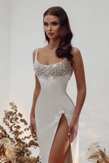 Bmbridal Spaghetti-Straps Mermaid Wedding Dress Sleeveless Split Long With Pearls_4