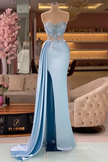 Bmbridal Himmelblaue Abendkleider im Meerjungfrau-Stil, lang, mit Rüschenapplikationen