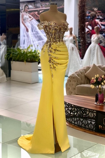 Bmbridal Yellow Mermaid Prom Dress Long With Gold Appliques