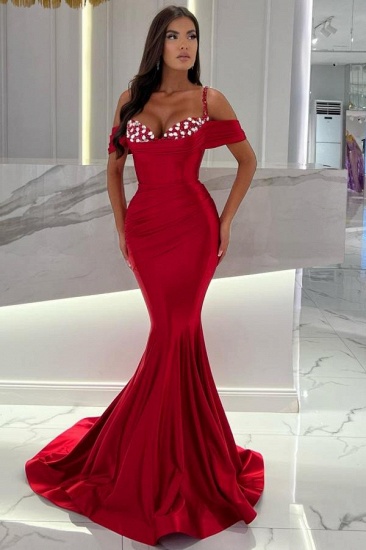 Bmbridal Rotes Meerjungfrau-Abendkleid, schulterfrei, lang, mit Kristallen