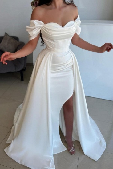 Bmbridal Mermaid Satin Wedding Dress Split Overskirt Off-the-Shoulder