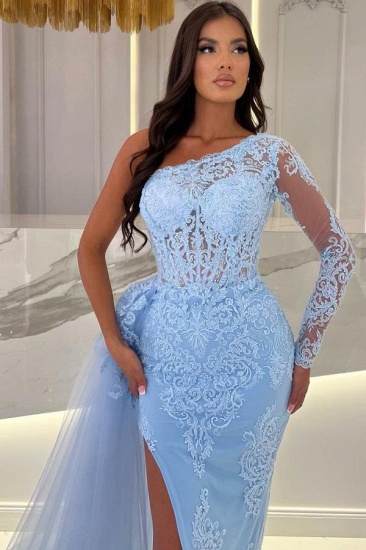 Bmbridal Sky Blue One Shoulder Mermaid Prom Dress Long Sleeves With Lace High Split_3