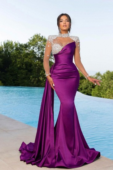 Bmbridal Purple Long Sleeves Evening Gown Mermaid Ruffle With Crystals