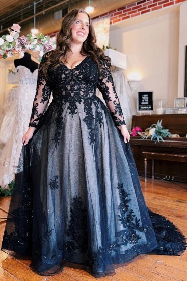 Bmbridal Long Sleeves Black Wedding Reception Dress V-Neck With Appliques