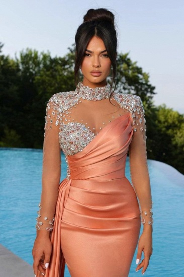 Bmbridal Coral High Neck Mermaid Prom Dress Long Sleeves With Crystal_3
