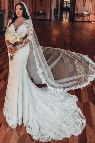 Bmbridal V-Neck Long Sleeves Mermaid Wedding Dress Lace Online_3