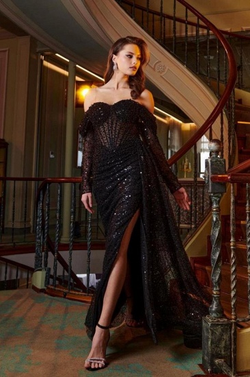 Bmbridal Black Long Sleeves Sequins Wedding Reception Dress Split_1