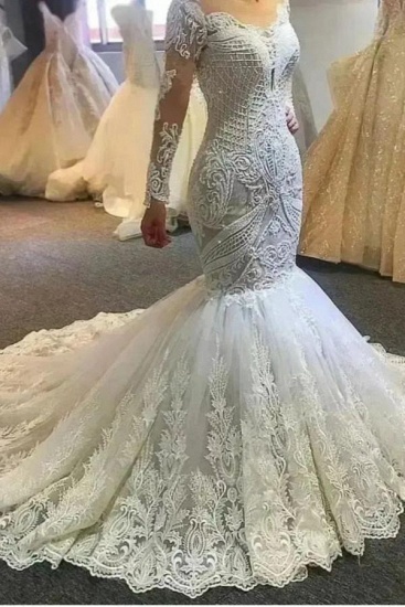 Bmbridal Long Sleeves Wedding Dress Mermaid Off-the-Shoulder Lace Appliques