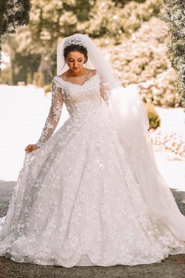 Bmbridal Long Sleeves V-Neck Ball Gown Wedding Dress With Appliques