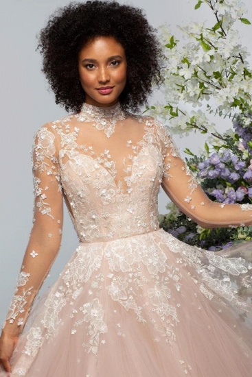 Bmbridal Champagne High Neck Wedding Dress Long Sleeves With Appliques_6