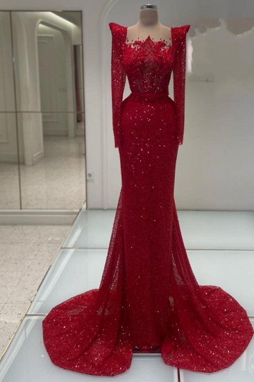 Bmbridal Rotes Meerjungfrau-Abendkleid mit langen Ärmeln und Paillettenperlen