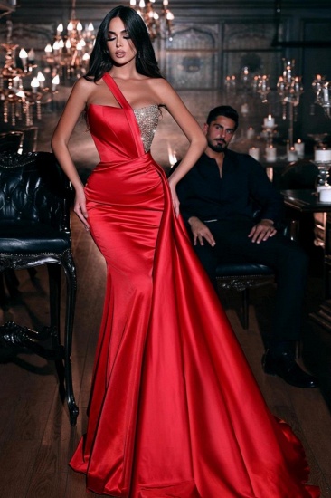 Bmbridal One-Shoulder-rotes Abendkleid im Meerjungfrau-Stil, ärmellos mit Perlen