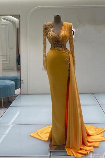 Bmbridal Gelbes Abendkleid mit langen Ärmeln und V-Ausschnitt im Meerjungfrau-Stil mit Applikationen