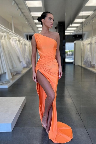 Bmbridal Orange One Shoulder Split Front Prom Dress With Ruffles