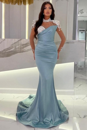 Bmbridal Dusty Blue Long Sleeves Prom Dress Mermaid With Crystals