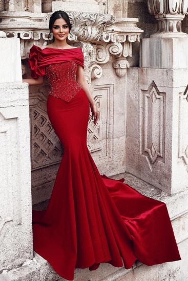 Bmbridal Schulterfreies rotes Abendkleid im Meerjungfrau-Stil, lang, mit Applikationen