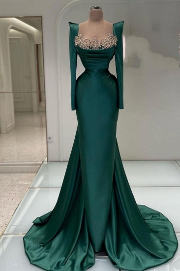 Bmbridal Dunkelgrünes Abendkleid im Meerjungfrau-Stil mit langen Ärmeln und Perlen