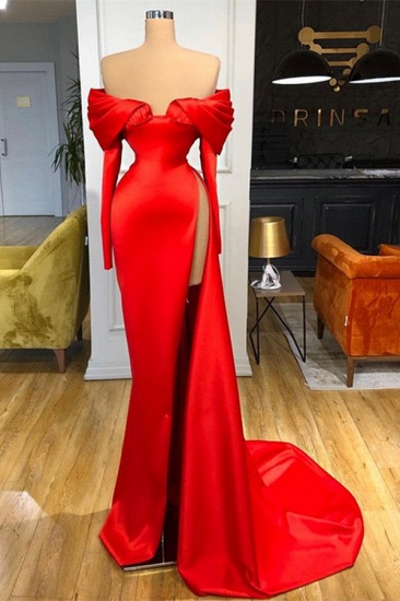 Bmbridal Red Mermiad Sweetheart Long Sleeves Prom Dress with Ruffles