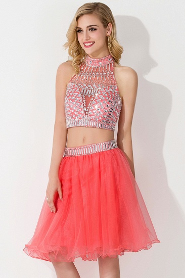 BMbridal Sexy Crystal Beads Tulle Sleeveless Two-piece Short Prom Dress