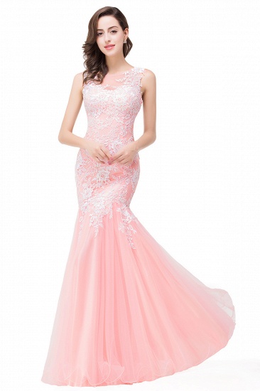 BMbridal Elegant Pink Long Lace Mermaid Prom Dress Sleeveless_1