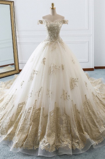 BMbridal Chic Off-the-Shoulder White Tulle Wedding Dress Sweetheart Sleeveless Champagne Appliques Bridal Gowns Online_1