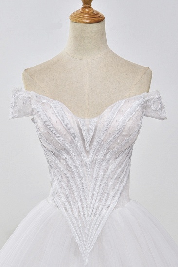 BMbridal Atemberaubendes schulterfreies Ballkleid Weißes Tüll-Hochzeitskleid Schatz ärmellose Perlenstickerei Brautkleider Online_5