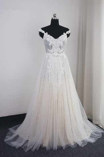 BMbridal Chic Tulle Lace White V-neck Wedding Dress Appliques Sleeveless Ruffle Bridal Gowns On Sale_1