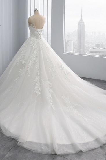 BMbridal Affordable Ball Gown Jewel Tulle Lace Wedding Dress Ruffles Sleeveless Appliques Bridal Gowns Online_5