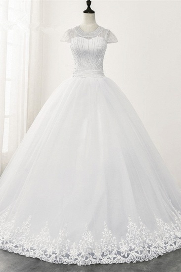 BMbridal Chic Ball Gown Jewel White Tulle Lace Wedding Dress Short Sleeves Rhinestones Bridal Gowns Online_1