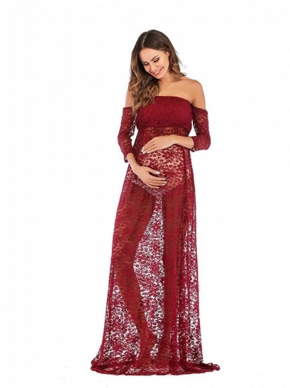 BMbridal Burgundy See-through Lace Strapless Maternity Dress with Half-sleeves_4