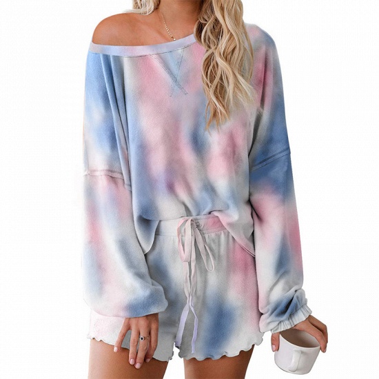 BMbridal Long sleeve One shoulder Tie-dye Loungewear Pink Two-pieces Pajamas_1